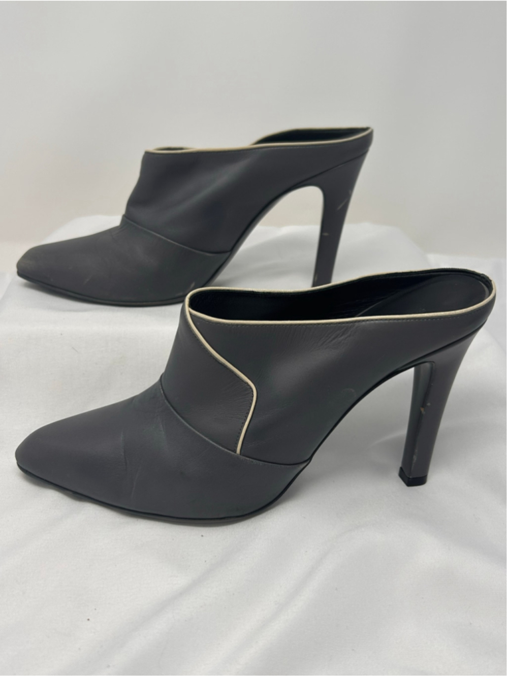 Balenciaga Gray Leather Pointed Toe Mule Heels White Trim Size 39.5